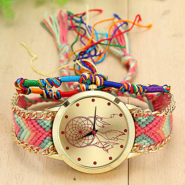 Vintage Women Ethnic Handmade Braided Quartz Watch Knitted Dreamcatcher Wristwatch Gifts @17 TT@88