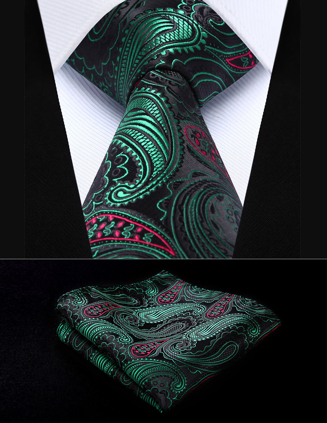 Party Wedding Classic Pocket Square Tie TP932G8S Green Red Paisley 3.4