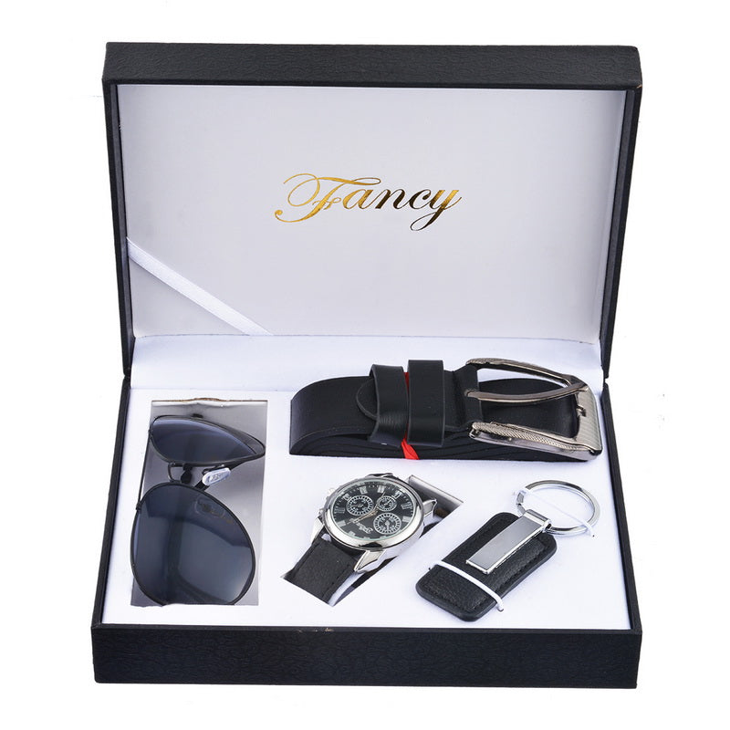 Luxury Men Watch Gift Set Sunglasses Keychain Top Quality Belt Multiple Time Zone Wrist Watch Classic Business Reloj Hombre 2017