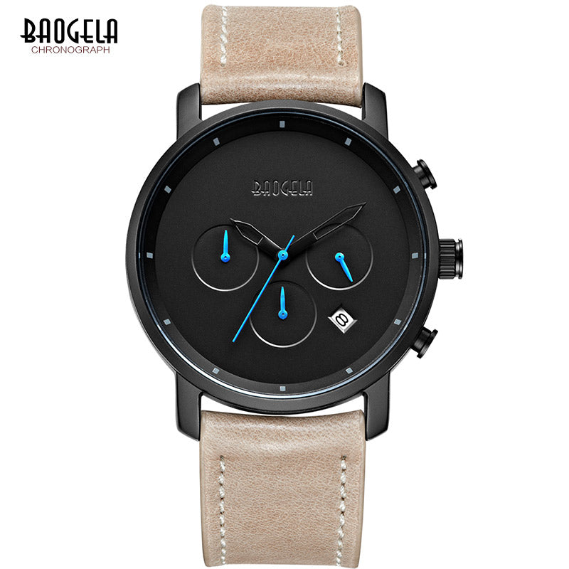 Baogela Mens Simple Chronograph Analogue Black Quartz Watch, Leather Bracelete Wristwatch with Calendar Date for Boy & Man 1705G