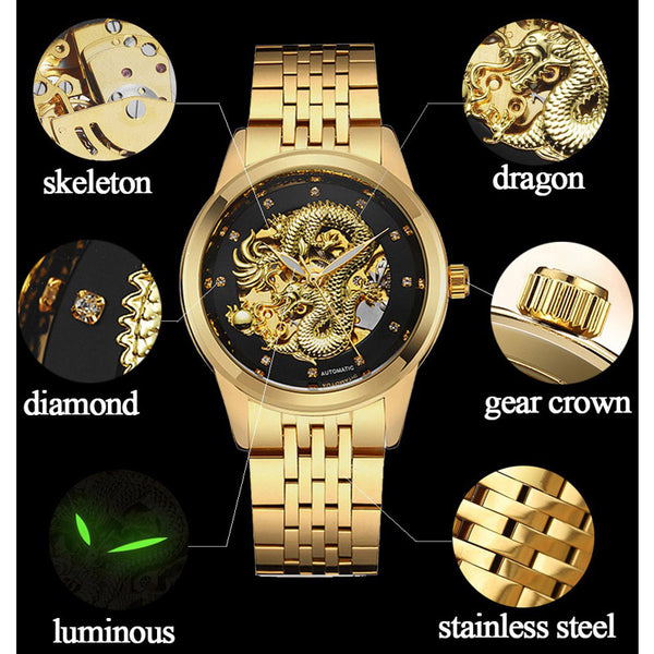 Skeleton Gold Mechanical Watch Men Automatic 3D Carved Dragon Steel Mechanical Wrist Watch China Luxury Top Brand Self Wind 2018