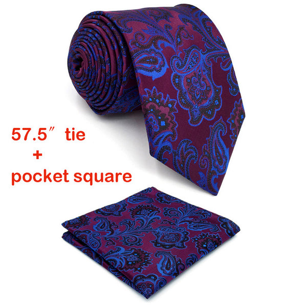 Extra long size Floral Paisley Fuchsia Red Blue Matching Hanky Navy Black Mens Tie 100% Silk Jacquard Woven Fashion 63"