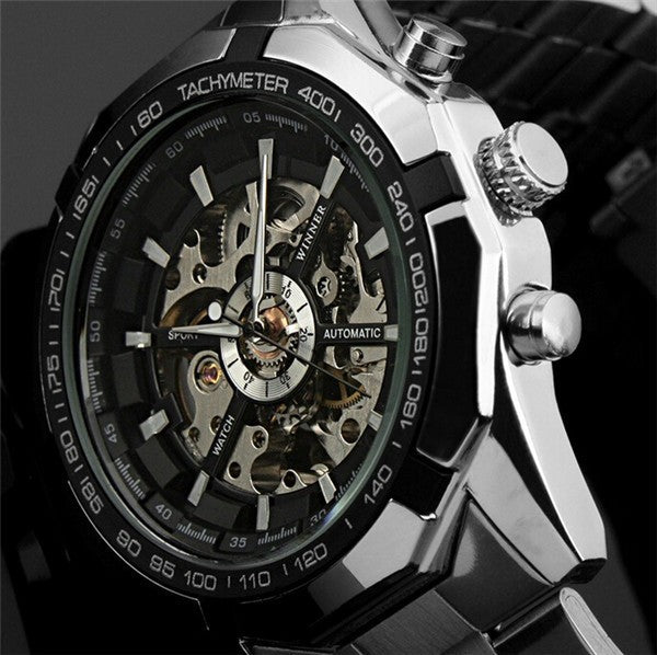 WINNER automatic Watches Branded Mens Classic Stainless Steel Self Wind Skeleton Mechanical Watch Fashion Cross Wristwatch