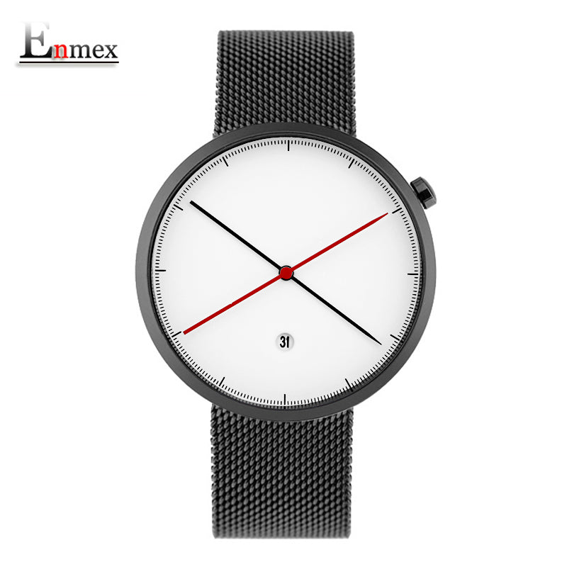 Enmex creative style cool wristwatch two balance hands with calendar stainless steel strap fashion Stylish clock quartz watch