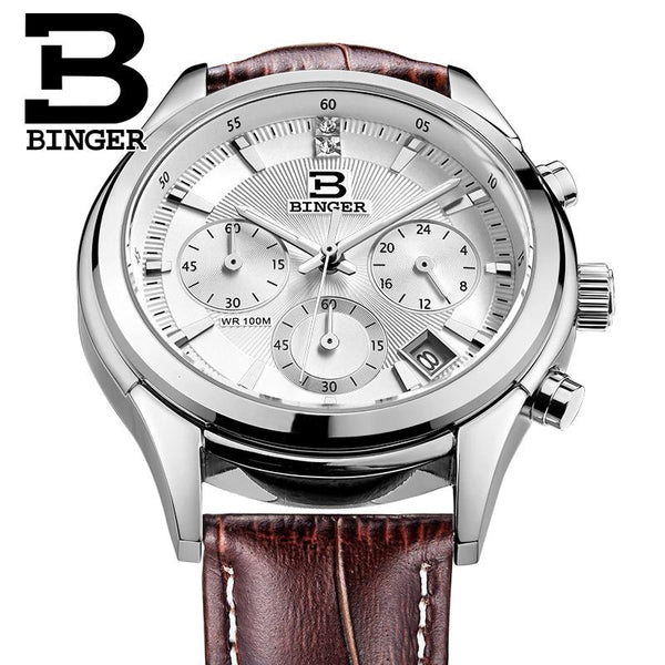 Switzerland BINGER men's watch luxury brand Quartz waterproof genuine leather strap auto Date Chronograph clock BG6019-M