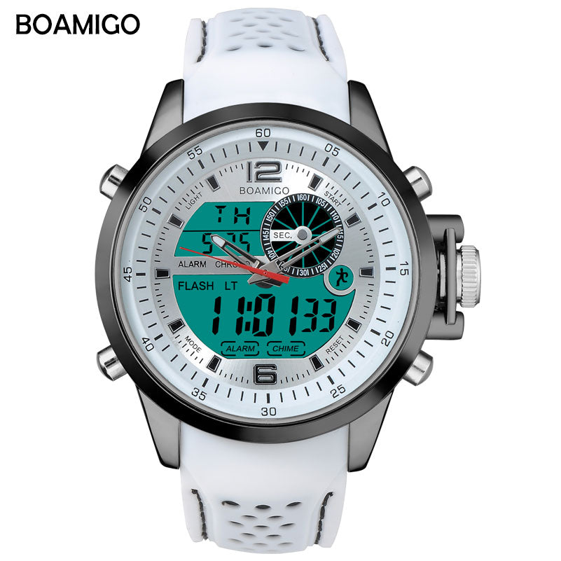 BOAMIGO Brand Men Dual Time Digital Watch Sports Watches Rubber Analog Quartz Watch White Chronograph Wristwatches Reloj Hombre