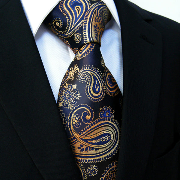 U10 Paisley Gold Blue Navy Mens Neckties Extra Long Size Matching Hanky100% Silk Casual Dress Men Ties Designers Fashion 63"