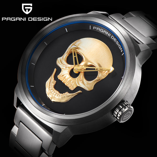 Punk 3D Skull Personality Retro Fashion Men's Watch Waterproof 30m Steel Stainless Quartz Watch PAGANI DESIGN Relogio Masculino