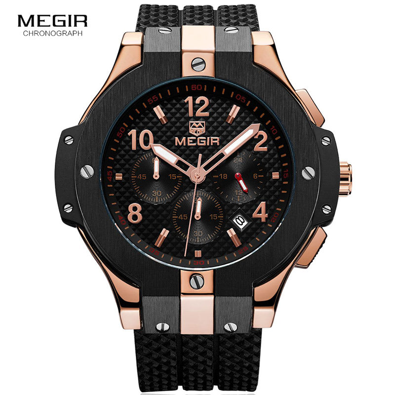 Megir Men's Chronograph Analogue Quartz Wrist Watches with Silicone Strap 24-hour Display Sports Wristwatch for Boys2050GBK-1N0