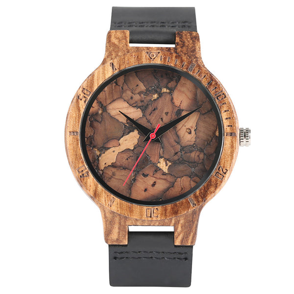 Zebra/Cork Slag/Broken Leaves Face Wood Watch Men Nature Wooden Creative Watches Simple Genuine Leather Band Quartz Clock Gift