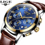 LIGE Mens Watches Top Brand Luxury Leather Casual Quartz Watch Men Military Sport Waterproof Clock Gold Watch Relogio Masculino