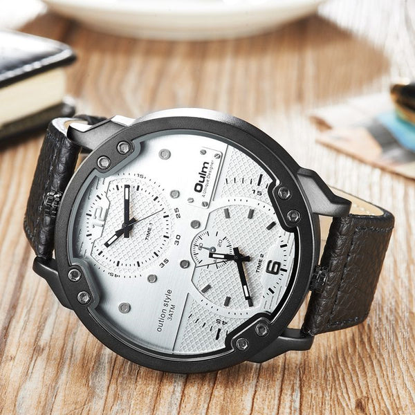 Oulm Adjustable Two Time Zone Men's Watch Luxury Brand Big Size Casual Leather Wrist Watches Man Sport Watch erkek kol saati