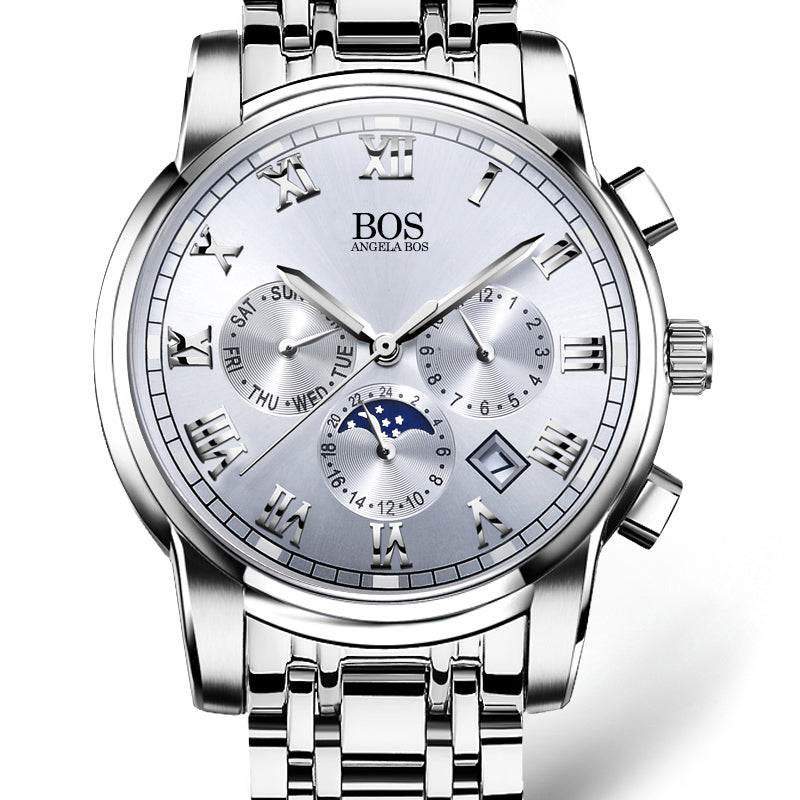 ANGELA BOS Business Stainless Steel Quartz Watch Men Date Week Month Waterproof Luminous Mens Watches Top Brand Luxury 2017