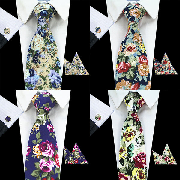 RBOCOTT New Design 8cm Cotton Tie Set Floral Ties Handkerchief And Cufflinks Business Wedding Party Printing Neck Ties For Men