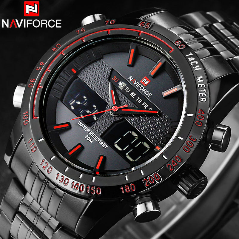 NAVIFORCE Brand Mens 30M Waterproof Sport Watch Men Stainless Steel Analog Digital LED Watches Dual Time Clock Relogio Masculino