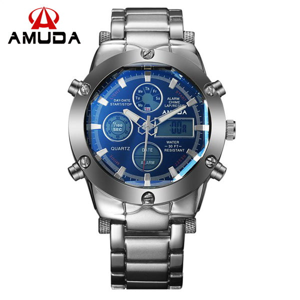 Watches Men Luxury Brand AMUDA Sports Military Watches Dual Time Quartz Analog Digital LED Steel Strap Wristwatches