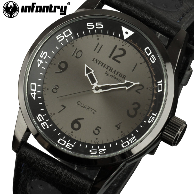 INFANTRY Mens Analog Quartz Wrist Watch Top Brand Luxury Black Leather Band Army Sports Watch 12 Hrs Display Relogio Masculino