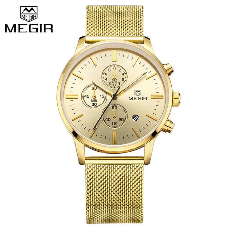2018 Megir Golden Men Watch Luxury Fashion Business Quartz Watches Calendar Chronograph Analog Wristwatch Clock Man 2011