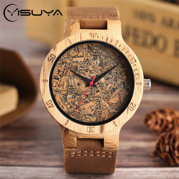 YISUYA Nature Broken Leaf Wood Watch Men Analog Quartz Leather Strap Fashion Novel Bamboo Wrist Watch Women Modern Cool Clock