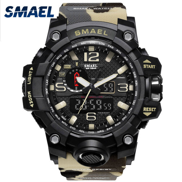 SMAEL Brand Men Watch Dual Time Camouflage Military Watch Digital Watch LED Wristwatch 50M Waterproof 1545BMen Clock Sport Watch