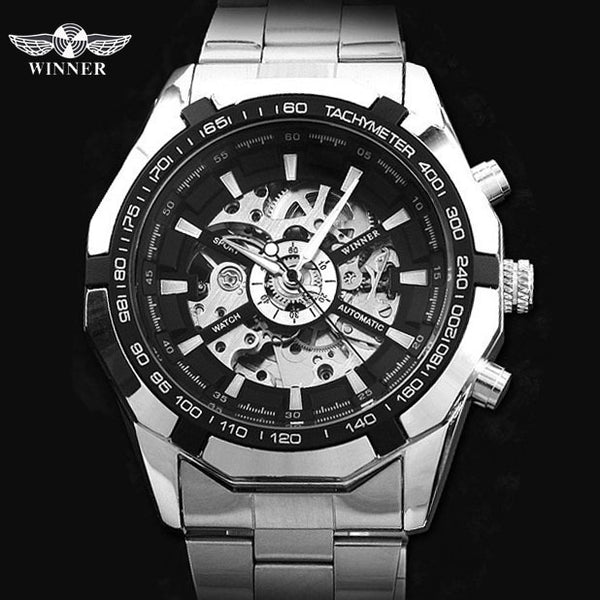 WINNER automatic Watches Branded Mens Classic Stainless Steel Self Wind Skeleton Mechanical Watch Fashion Cross Wristwatch