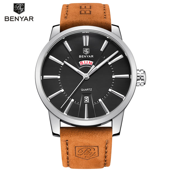 Relogio Masculino BENYAR Luxury Brand Analog Display Date Men's Quartz Watch 30M Waterproof Genuine Leather Strap Casual Watch