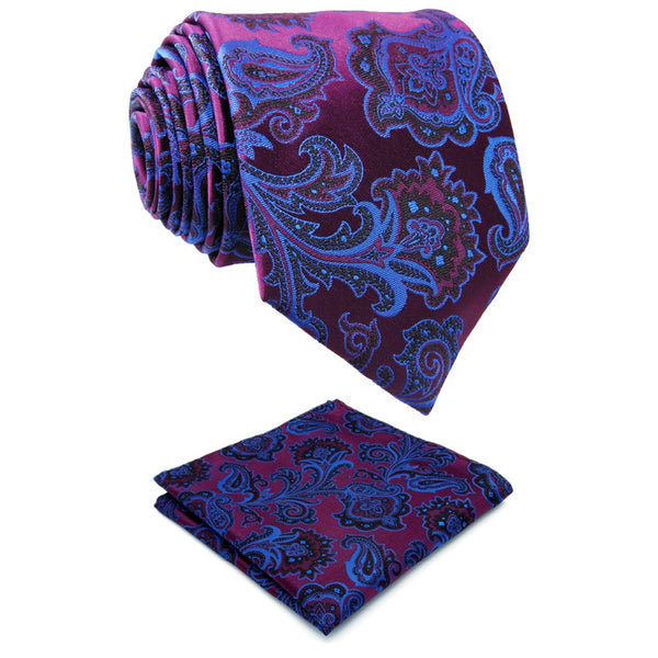 Extra long size Floral Paisley Fuchsia Red Blue Matching Hanky Navy Black Mens Tie 100% Silk Jacquard Woven Fashion 63"