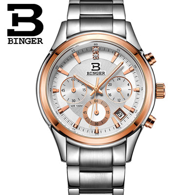 Switzerland BINGER men's watch luxury brand Quartz waterproof genuine leather strap auto Date Chronograph clock BG6019-M