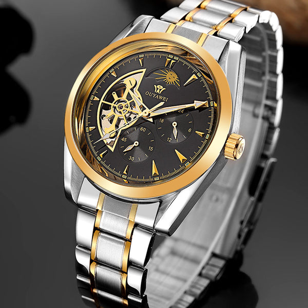 OUYAWEI GOLD Mechanical Wrist Mens Watch Top Brand Luxury Automatic Clock Men 22mm Stainless Steel Skeleton Reloj Hombre