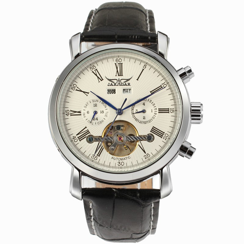 Jaragar luxury mechanical automatic brand watch leather strap date&day AUTO Flywheel Tourbillon Mens Wristwatch relogio