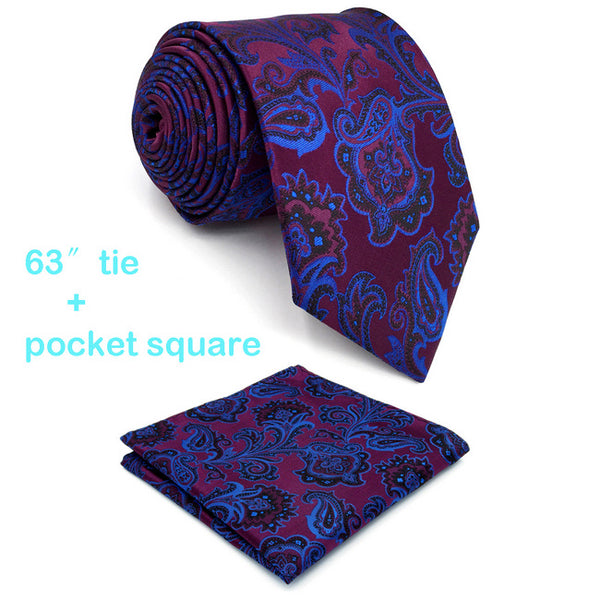 Extra long size Floral Paisley Fuchsia Red Blue Matching Hanky Navy Black Mens Tie 100% Silk Jacquard Woven Fashion 63"