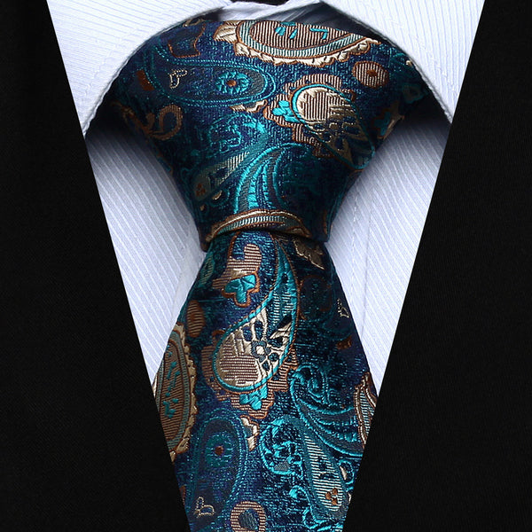 Party Wedding Classic Pocket Square Tie TP711Q8S Green Brown Paisley 3.4" Silk Woven Men Tie Necktie Handkerchief Set