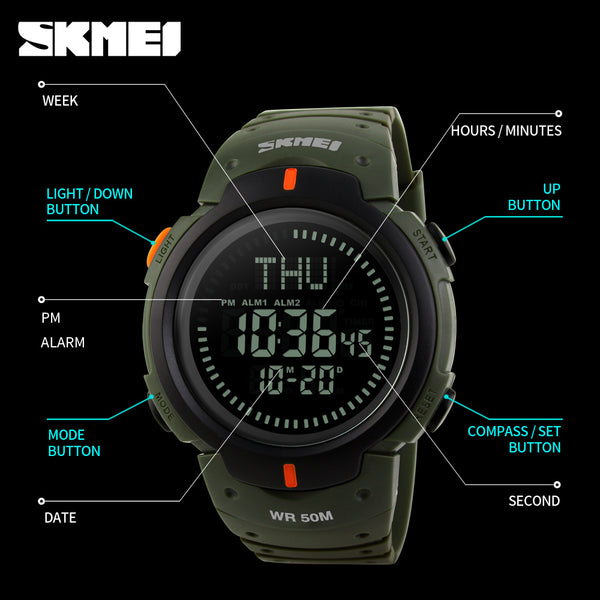 SKMEI Brand Men Sports Watches 5ATM Water Proof Digital Outdoor Military Watch EL Backlight Compass Countdown Wristwatches