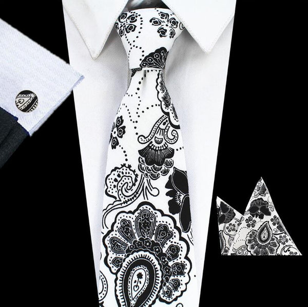 RBOCOTT New Design 8cm Cotton Tie Set Floral Ties Handkerchief And Cufflinks Business Wedding Party Printing Neck Ties For Men