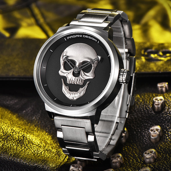 Punk 3D Skull Personality Retro Fashion Men's Watch Waterproof 30m Steel Stainless Quartz Watch PAGANI DESIGN Relogio Masculino