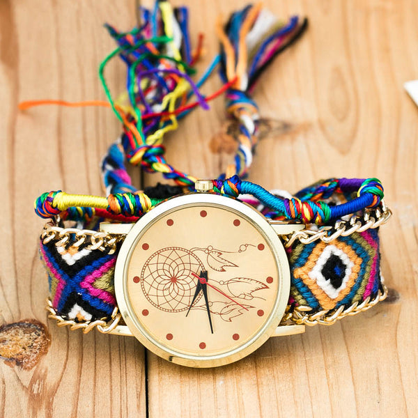 Vintage Women Ethnic Handmade Braided Quartz Watch Knitted Dreamcatcher Wristwatch Gifts @17 TT@88