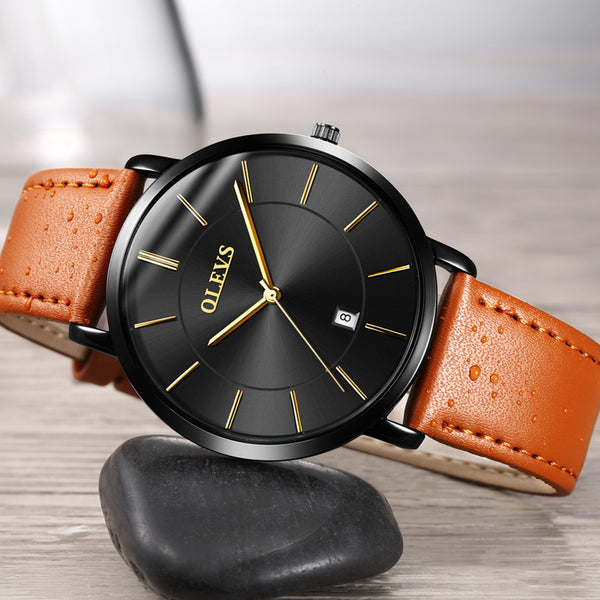 OLEVS Men's Calendar Watches Luxury Brand Water resistant Sports Wristwatch Casual Fashion Leather Ultra thin Watch Quartz Male