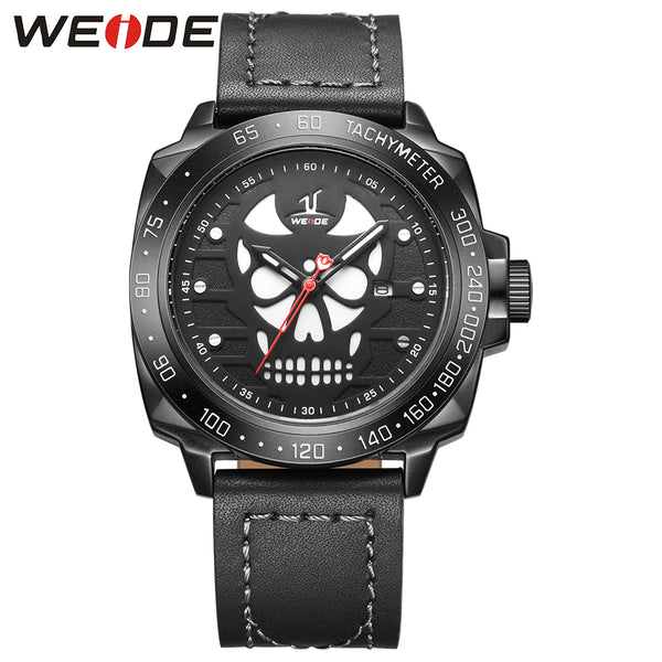 WEIDE Watch Men Leather Strap Cool Skull Dial Analog Display Date Clock Buckle Band Mens Casual Quartz Watch Relogio Masculino