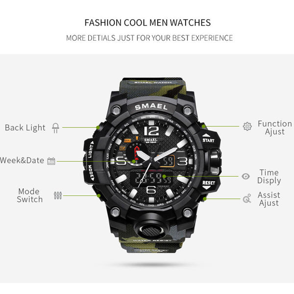 SMAEL Brand Men Watch Dual Time Camouflage Military Watch Digital Watch LED Wristwatch 50M Waterproof 1545BMen Clock Sport Watch