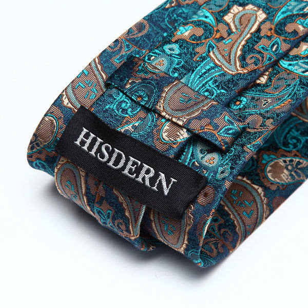 Party Wedding Classic Pocket Square Tie TP711Q8S Green Brown Paisley 3.4" Silk Woven Men Tie Necktie Handkerchief Set