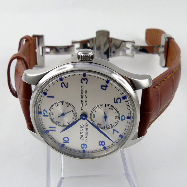 Parnis 43mm Power reserve deployant clasp ST2542 Automatic movement Men's watch 99 silver dial blue hands