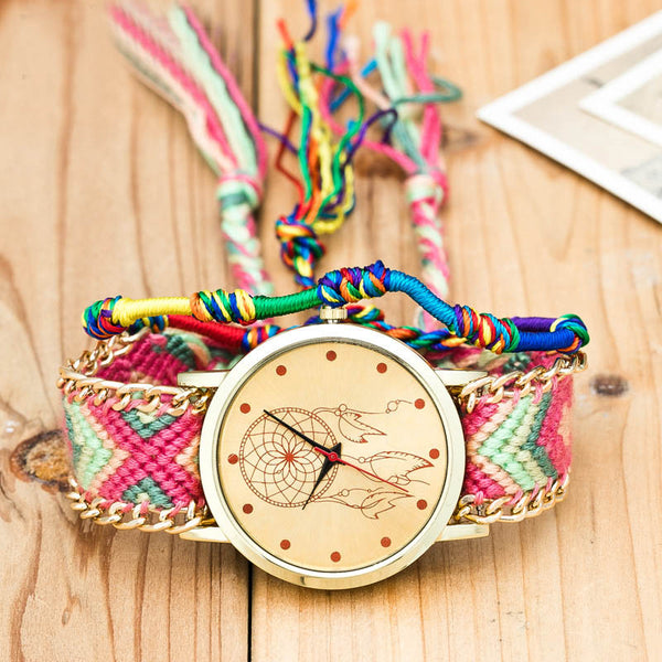 Vintage Women Ethnic Handmade Braided Quartz Watch Knitted Dreamcatcher Wristwatch Gifts @17 TT@88