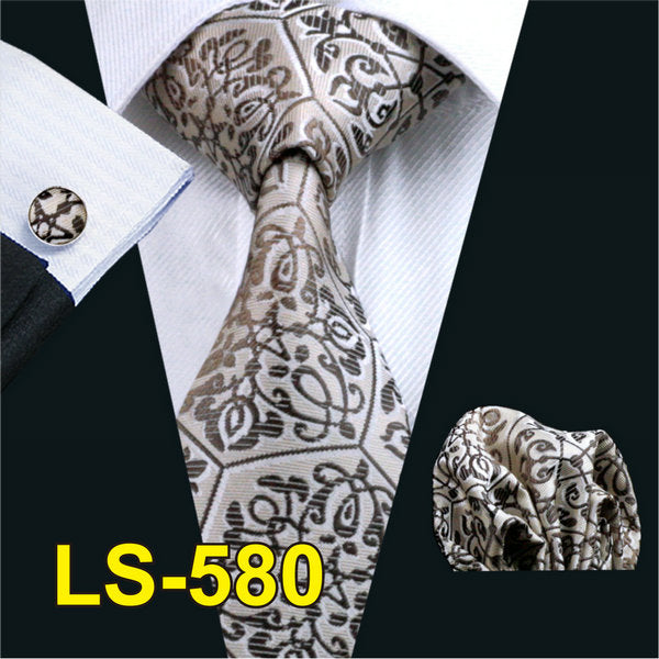 LS-822 Mens Tie Black Paisley 100% Silk Classic Barry.Wang Tie Hanky Cufflinks Set For Men Formal Wedding Party Groom Hot Sell