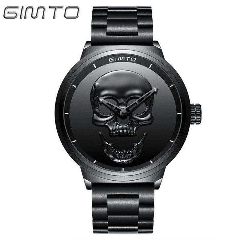 GIMTO Top Brand New Creativity Skull Men's Watch Luxury Black Steel Quartz Clock Men Boy Military Watch Sports Relogio Masculino