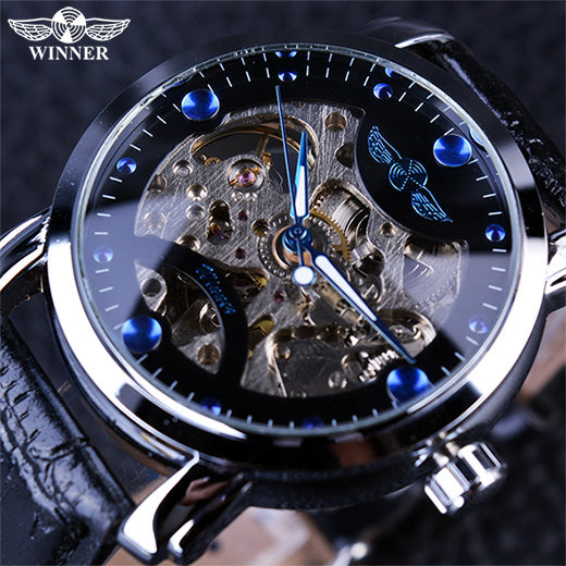Winner Black Skeleton Designer Blue Engraving Clock Men Leather Strap Mens Watches Top Brand Luxury Automatic Watch Montre Homme