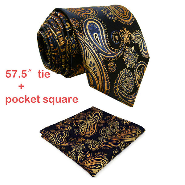 U10 Paisley Gold Blue Navy Mens Neckties Extra Long Size Matching Hanky100% Silk Casual Dress Men Ties Designers Fashion 63"
