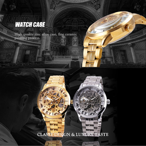 WINNER Luxury Golden Men Automatic Mechanical Wrist Watches Skeleton Louvre Series Luminous Hands Full Stainless Steel Watches