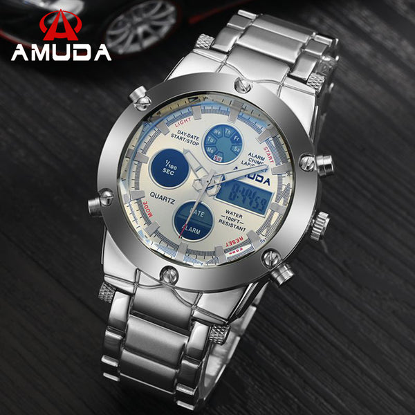 Watches Men Luxury Brand AMUDA Sports Military Watches Dual Time Quartz Analog Digital LED Steel Strap Wristwatches