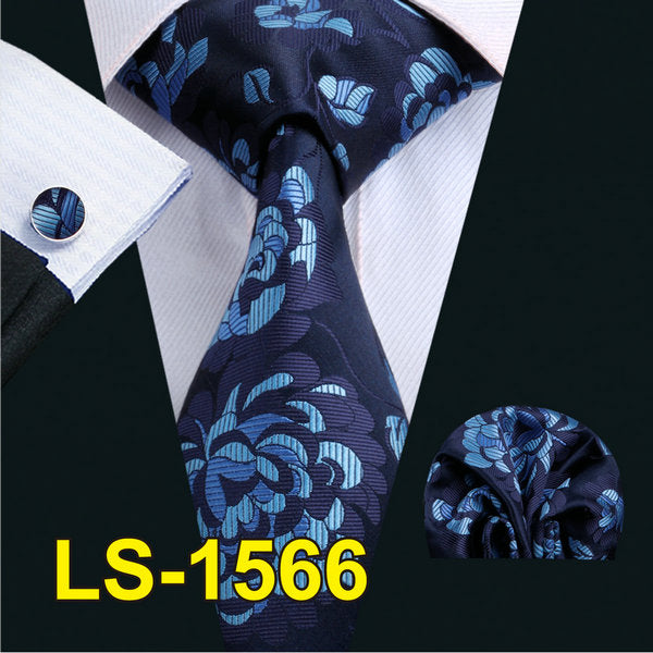 LS-822 Mens Tie Black Paisley 100% Silk Classic Barry.Wang Tie Hanky Cufflinks Set For Men Formal Wedding Party Groom Hot Sell