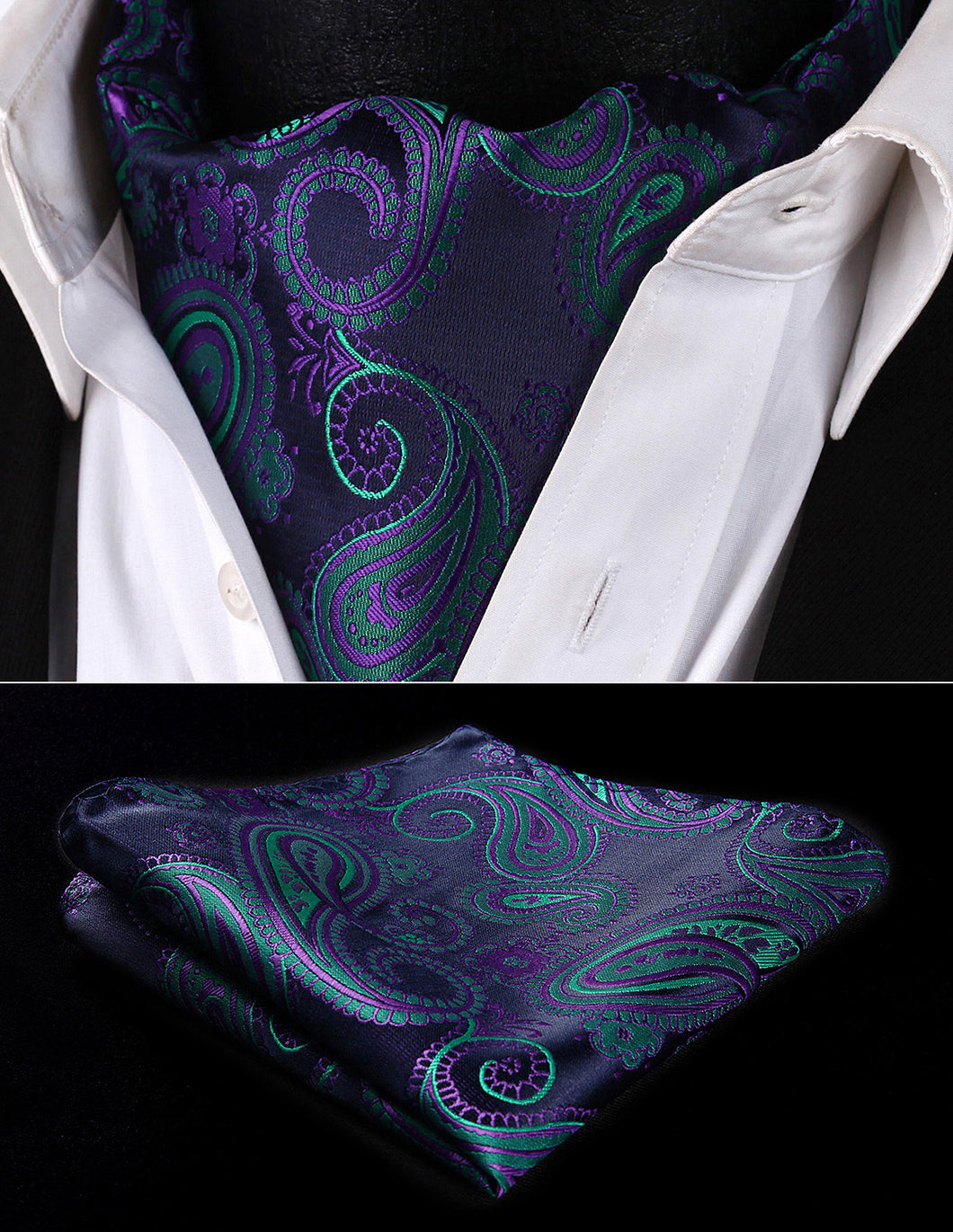 Party Classic Pocket Square Wedding RF427GS Navy Blue Green Paisley Men Silk Cravat Ascot Tie Handkerchief Set